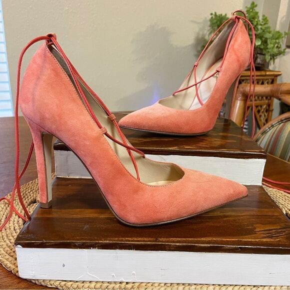 Clef Genuine Suede Leather Stiletto Pumps Made in Italy Coral Ankle Lace - Picture 2 of 13